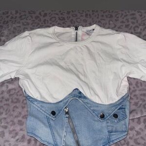 Fashion Nova corset White Top with Light Blue Denim Waist